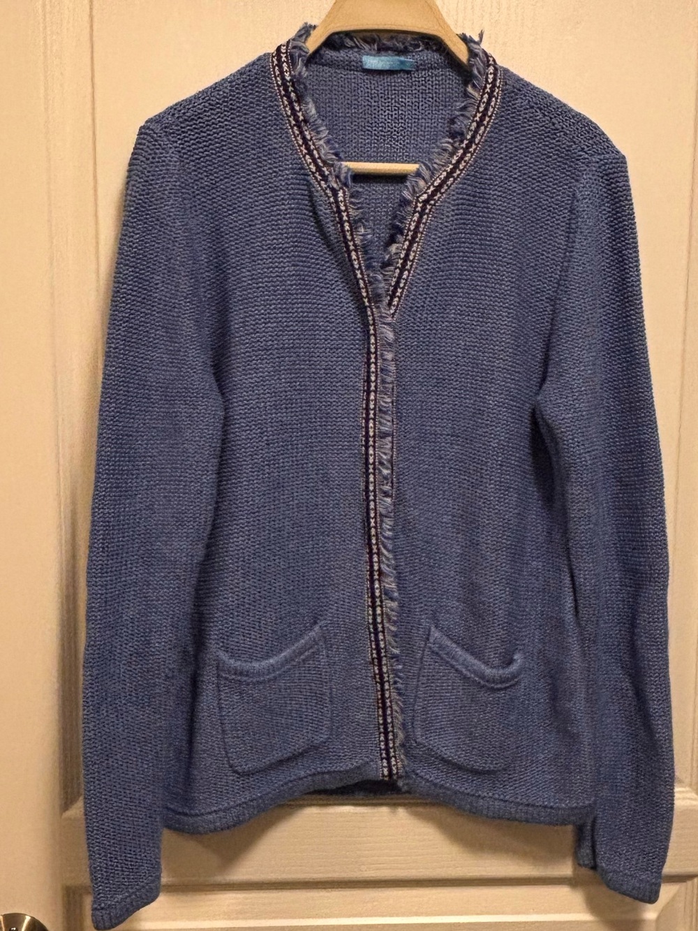 J Mclaughlin denim blue cardigan fringed edge & embroidered trim size M